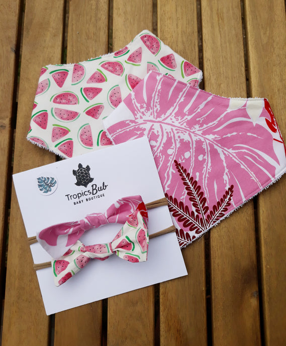 Pink Monstera and Watermelon Bibs&Bows